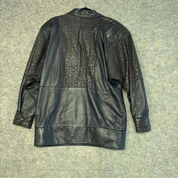 Vtg Oscar Leopold Deep Navy Animal Print Panels Retro Genuine Leather Jacket P/S - Picture 11 of 11